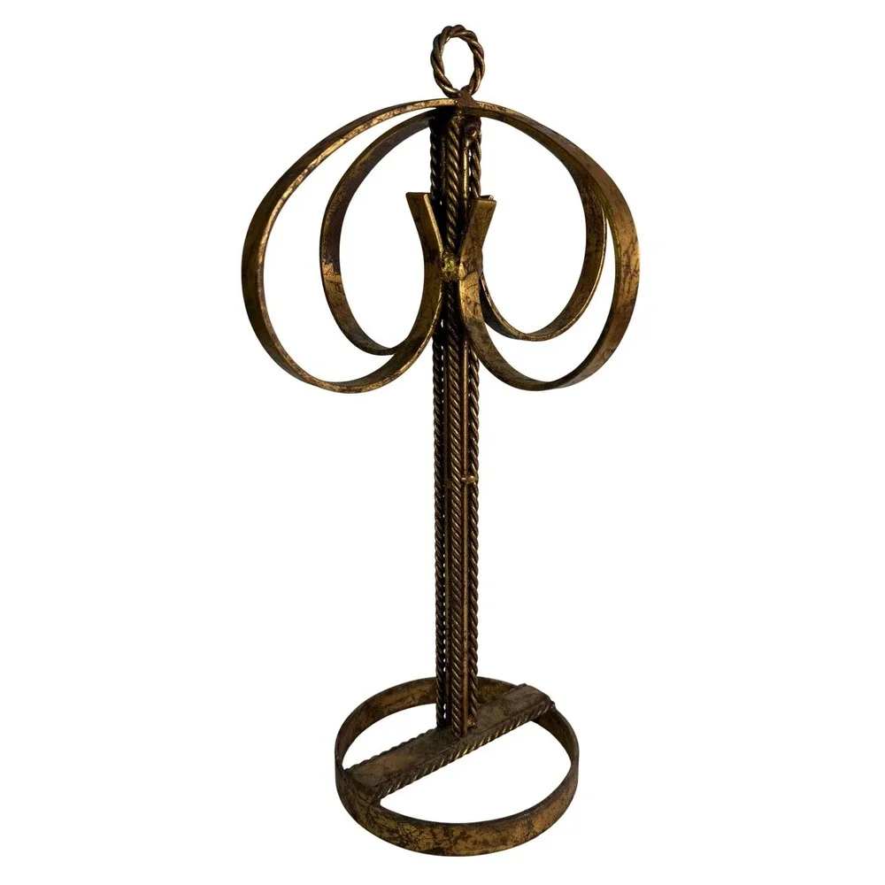 Vtg Free-Standing Metal Towel Holder Wrought‎ Iron Gold Finish Rope Design
